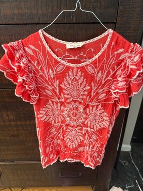 Solitaire Red Embroidered Ruffle Sleeve Blouse Coral color